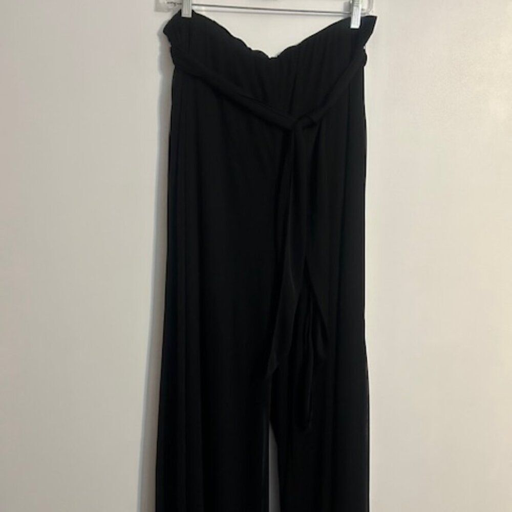 Black Wide leg attached sash belt Chiffon pants, size L/XL